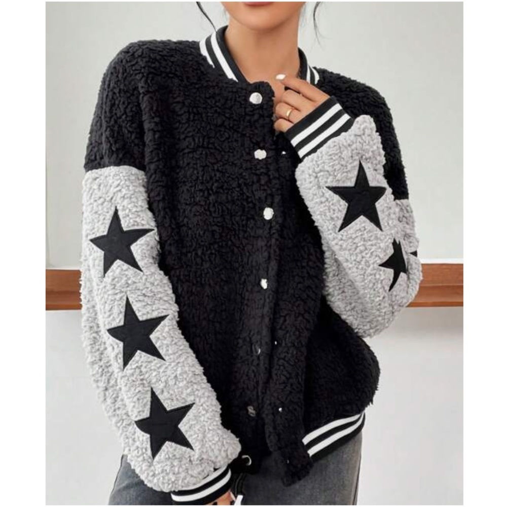 Cozy Sherpa Teddy Star Print Sleeves Oversized Bomber Jacket - Picture 2 of 4